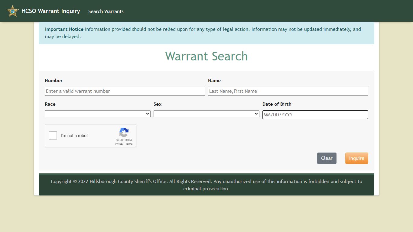 HCSO Warrant Inquiry Search | HCSO, Tampa FL